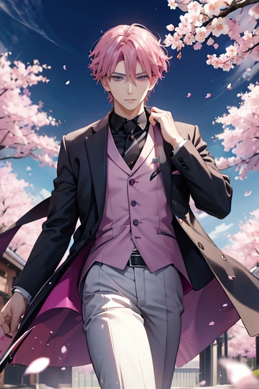ピンク色の髪と紫色の目をしたハンサムな男性の死神の周りには桜が浮かんでいる