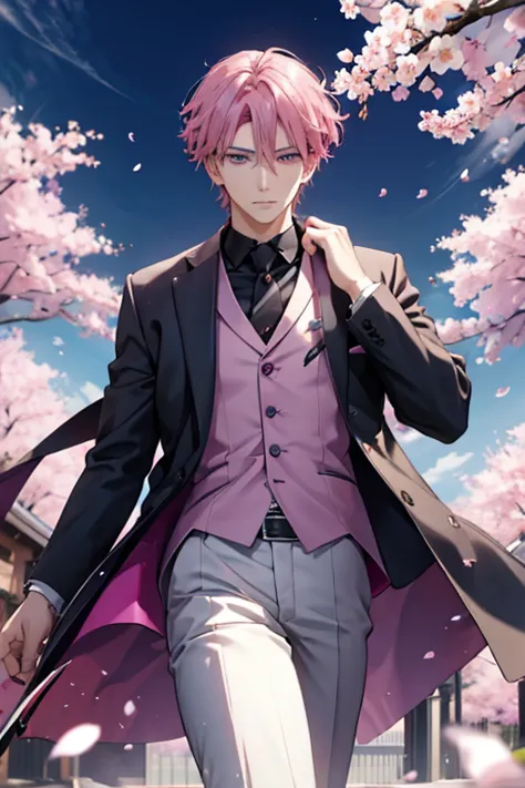 A pink haired handsome male reaper with violet eyes has cherry blossoms floating around him