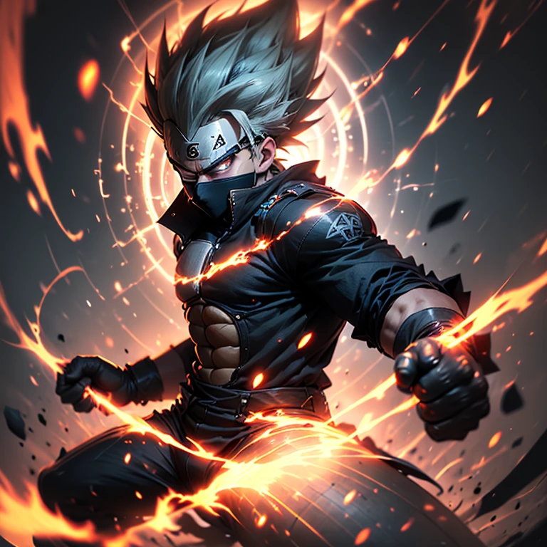 Cinematic Still of Vegeta, the Prince of Saiyans, wearing a sleek Hatake Kakashi suit. The image captures Vegeta's powerful stance, muscles rippling beneath the perfectly tailored attire. The white top contrasts sharply against his bronzed complexion, while the black waist strap adds a touch of elegance. With arms folded and a piercing gaze, Vegeta emanates an aura of cool confidence, ready to take on any challenge that comes his way. This extraordinary artwork is available in the highest resolutions, ranging from 4k to 8K, ensuring every intricate detail is displayed with absolute clarity. It is a true masterpiece, worthy of adorning the walls of any fan's collection.