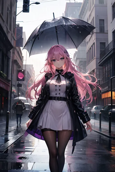 A pink haired woman with violet eyes with an hourglass figure is standing in the rain.