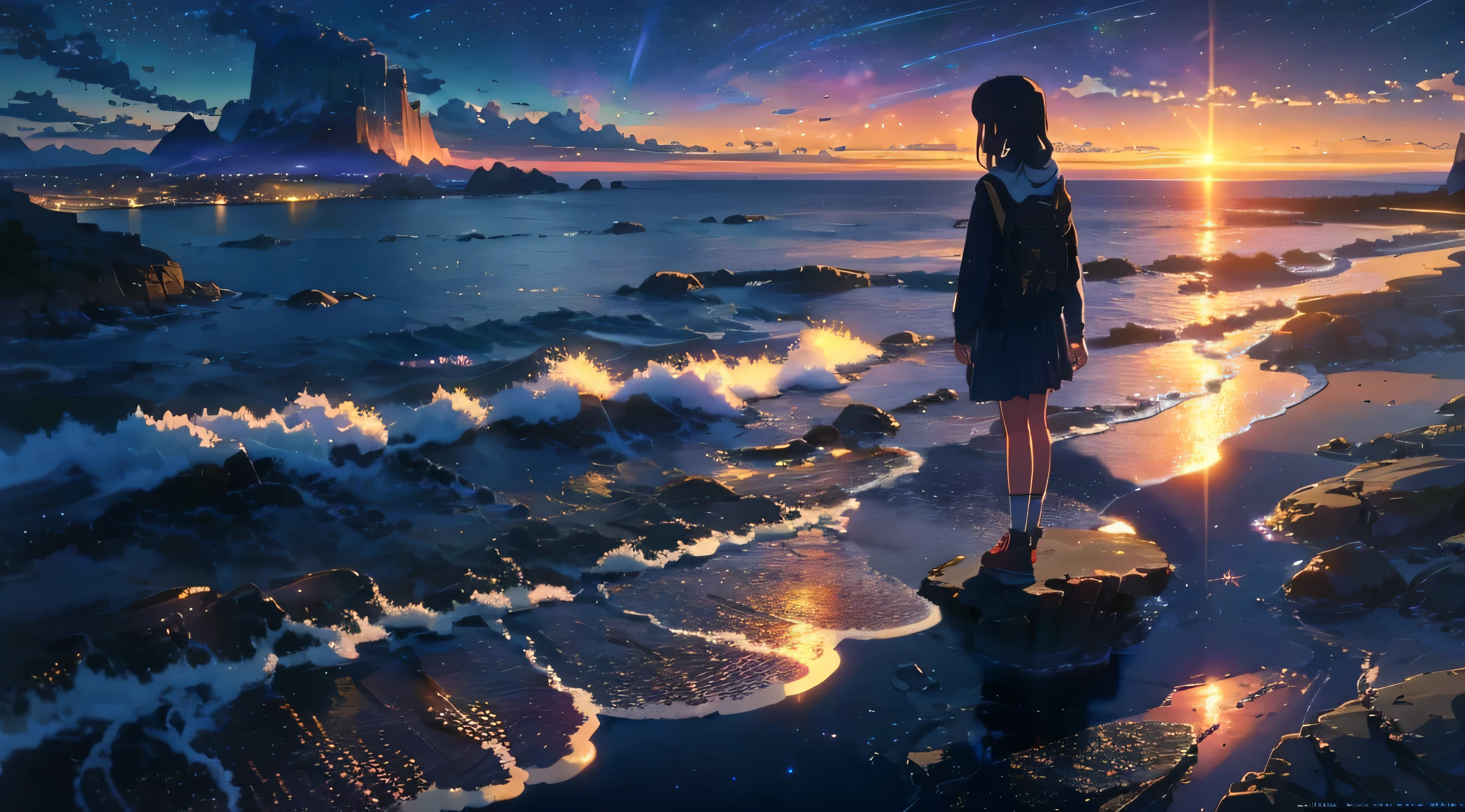 anime scenery of a beach with a ดาว filled ท้องฟ้า, ท้องฟ้าจักรวาล. โดย มาโกโตะ ชินไค, ethereal ดาวlit city at sunset, เมฆมาก, anime ท้องฟ้า, ดาว(ท้องฟ้า) ดาวry_ท้องฟ้า, อะนิเมะฉากสันติภาพที่สวยงาม, อะนิเมะพื้นหลังศิลปะ, ฉากอนิเมะที่สวยงาม, ภาพประกอบงานศิลปะที่สวยงาม, สไตล์ของมาโกโตะ ชินไค, จักรวาลอันไม่มีที่สิ้นสุดในพื้นหลัง, เด็กหญิงมองทะเล, สาวผมยาว, ใส่กระโปรง, ผลงานชิ้นเอก, รายละเอียดมาก, ผลงานชิ้นเอก,คุณภาพดีที่สุด,ละเอียดมาก,ความละเอียดสูง,มีรายละเอียดมาก,ตามลำพัง,แฟนตาซี