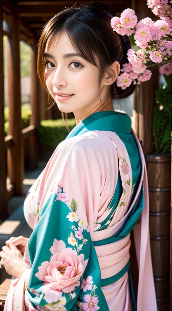 (beautiful japanese model in japan), (alone), ((The face is 70% beauty and elegance, 30% pretty and cute:1.5)), clear eyes,  medium long hair, double eyelid, (Slightly thick and sexy lips:1.2), Super detailed and incredibly high resolution Kimono, Highly detailed facial texture, impressive body shape, Hands hide the crotch, gentle smile, curvaceous and very attractive woman, F cup breasts,The color of the kimono is 65% white and 35% Light pink, High resolution RAW color photography professional photography, BREAK ultra high-resolution textures, High resolution body rendering, Big eyes, an unparalleled masterpiece, incredible high resolution, Super detailed, stunning ceramic skin, BREAK (Wearing a white kimono with plenty of light pink), (The main color is gentle white, The gentle light pink stands out.), (Exquisitely crafted classic Japan white kimono), ((The chest is slightly open)), ((A white kimono with a gentle light pink color and a delicate and elegant pattern.)), (The background is an arid landscape created with bright matcha green.) BREAK ((highest quality, 8K)), sharp focus:1.2, (layer cut, big:1.2), (beautiful woman with perfect figure), (full body shot | cowboy shot | Rear view)