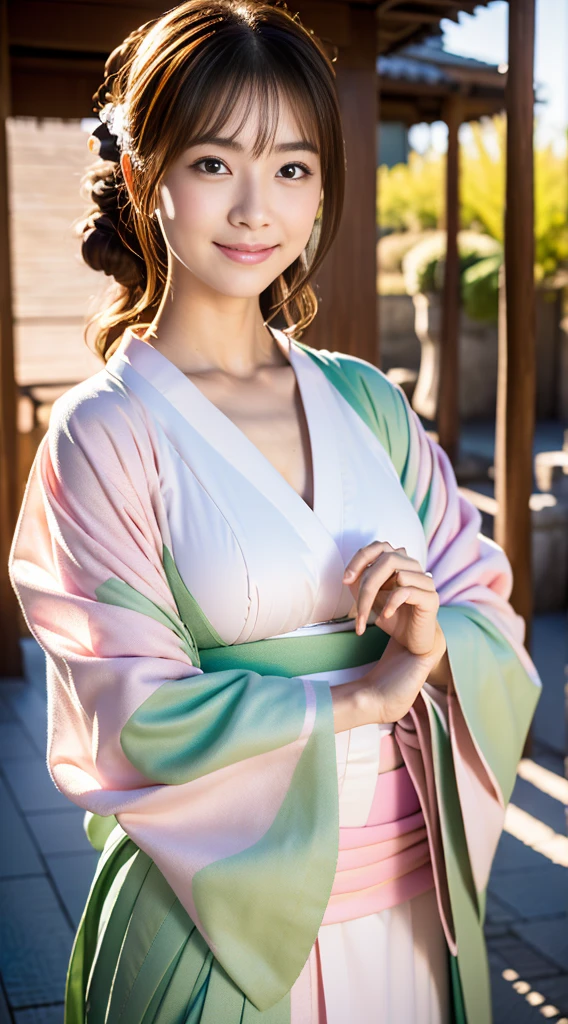 (linda modelo japonesa no Japão), (sozinho), ((O rosto tem 70% beleza e elegância, 30% Bonito e fofo:1.5)), olhos limpos,  cabelo meio longo, Pálpebra dupla, (Lábios ligeiramente grossos e sexy:1.2), Super detalhado and incredibly high resolution Kimono, Textura facial altamente detalhada, formato corporal impressionante, As mãos escondem a virilha, sorriso gentil, Mulher curva e muito atraente, f xícara de seios,A cor do quimono é 65% branco e 35% luz rosa, Fotografia profissional em cores RAW de alta resolução, QUEBRAR ultra high-resolution textures, Renderização de corpo de alta resolução, olhos grandes, Uma obra-prima incomparável, incrível alta resolução, Super detalhado, pele cerâmica deslumbrante, QUEBRAR (Vestindo um quimono branco com bastante rosa claro), (A cor principal é o branco suave, 優しいluz rosaが際立ちます), (Quimono branco japonês clássico primorosamente trabalhado), ((O peito está ligeiramente aberto)), ((Um quimono branco com uma suave cor rosa claro e um padrão delicado e elegante.)), (O fundo é uma paisagem árida criada com verde matcha brilhante.) QUEBRAR ((mais alta qualidade, 8K)), foco nitído:1.2, (Corte de camada, grande:1.2), (Mulher bonita com figura perfeita), (tiro de corpo inteiro | tiro de vaqueiro | Visão traseira)