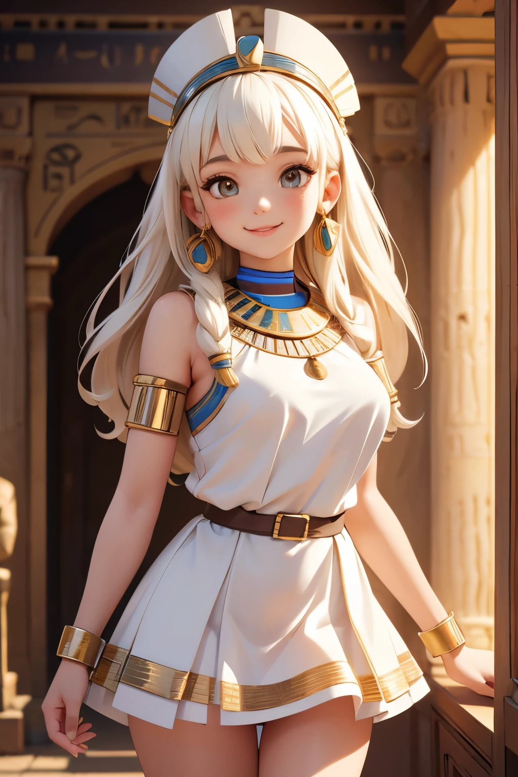 Cute teen girl in ancient Egyptian white mini dress, portrait, smile, depth of field, UHD, retina, masterpiece, ccurate, textured skin, anatomically correct, super detail, high details, high quality, award winning, best quality, highres, 1080P, 16k, 8k, 4K, HD