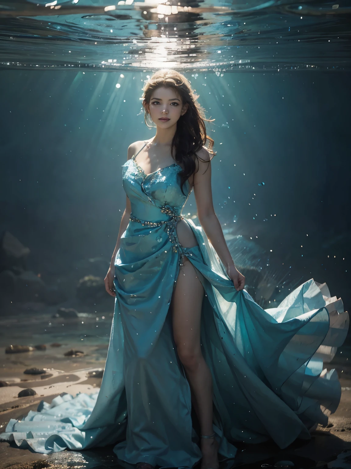 a woman in a blue dress is standing in the ocean, digital art by Alexander Kucharsky, cgsociety contest winner, fantasy art, goddess of the ocean, goddess of the sea, real photoshoot queen of oceans, blue swirling dress, wearing a dress made of water, dress made of water, flowing gown, fantasy photography, beautiful fantasy art, flowing dress