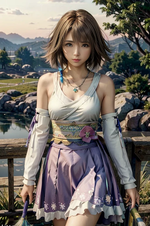 (masterpiece, highest quality:1.3)
Yuna FF10,  1 girl, alone, heterochromia, brown hair, Pastel Dresses, rural area, twilight, soft light, quiet