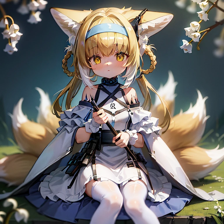 masterpiece, highest quality,arknights,lily of the valley,lily of the valley（arknights）,small,furry ears,Big fox ears,Nine Tails,pale blonde hair,Light blue headband,Mitsuami,yellow eyes,calm face,off shoulder combat uniform