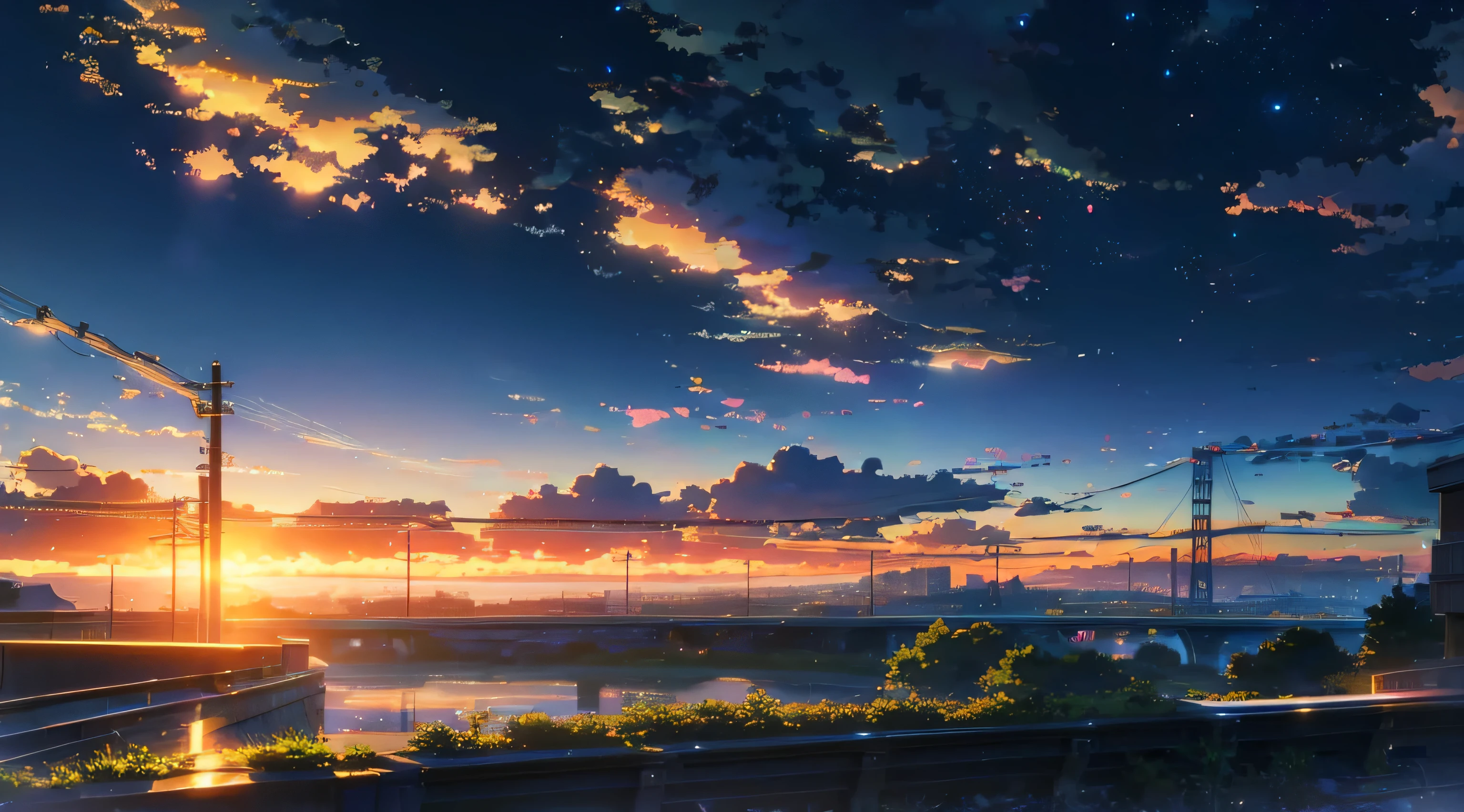 Anime scene with train passing under blue sky, anime drawing by Makoto Shinkai, trending on pixiv, magic realism, beautiful anime scene, cosmic sky. by makoto shinkai, ( ( makoto shinkai ) ), by makoto shinkai, anime background art, makoto shinkai style. Detail enhancement, perfect detail processing, huge clouds