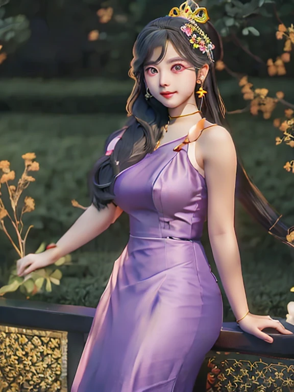 craft  top notch,  girl  solo  ((adult female)),  long hair  hair,  princess  (Black dress reflection) (Purple dress reflection) (Golden dress reflection) Fantasy,  happy  watching the viewer;  cartoon  anime  (oil painting) Burmese girl  18 years old Bagan pagoda scene background clear Hd 8k