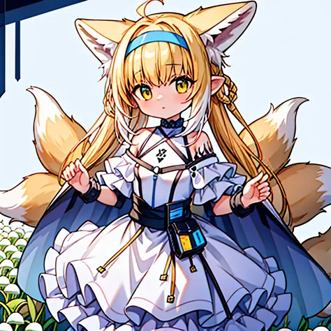 masterpiece, highest quality,arknights,lily of the valley,lily of the valley（arknights）,Completely naked,flat chest,small nipples,nude,small,furry ears,Big fox ears,Nine Tails,pale blonde hair,Light blue headband,Mitsuami,yellow eyes,calm face