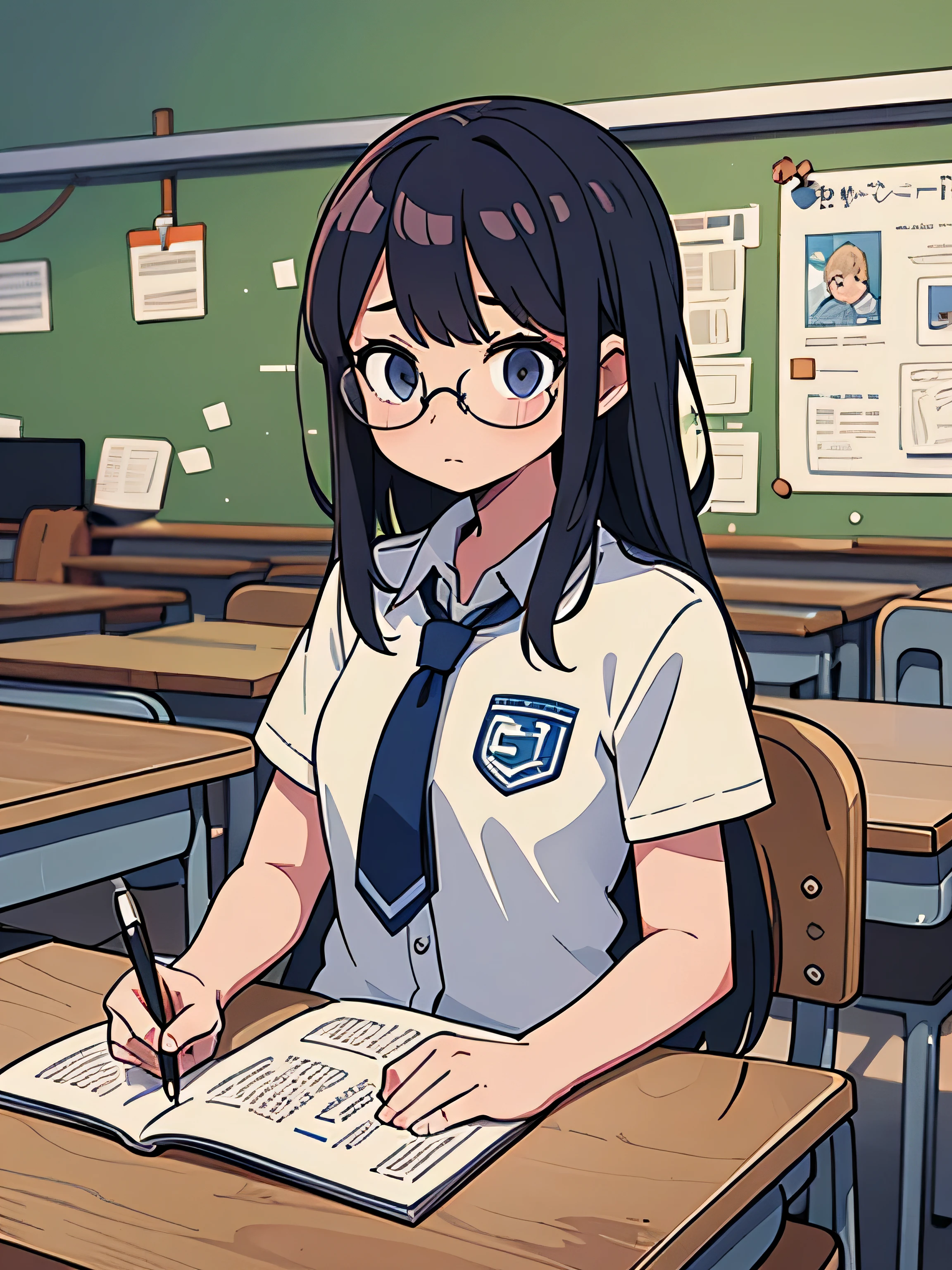 A young girl, a university student, sitting in a classroom during a lecture. She appears bored and disinterested, holding a fountain pen, and wearing glasses. The scene captures a moment of monotony, with the girl dozing off, symbolizing the tedium of the class. Emphasize the details of the glasses, the fountain pen, and the weariness on the student's face. The background should convey the classroom setting. Create a high-quality image that conveys the essence of a disengaged student, highlighting the elements of boredom, drowsiness, and scholarly tools.