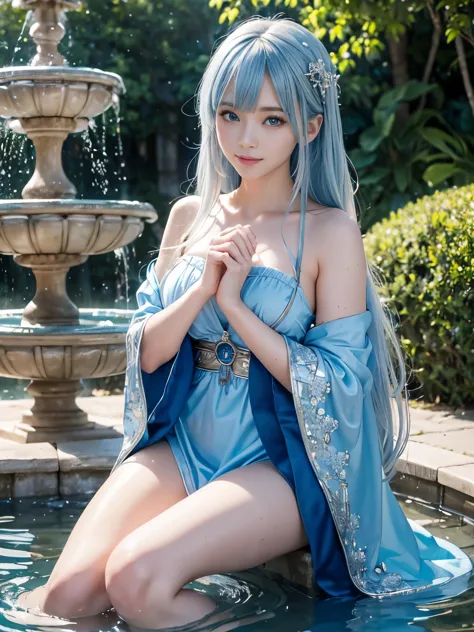 (masterpiece、8K、Super detailed、highest quality:1.5),((very cute)),best image quality,1 woman,Two-dimensional beauty,(long hair,sky blue hair,Sky blue eyes:1.3),(beautiful water world,Mystical Fountain,beautiful blue water:1.3),(She wears sea-colored and wh...