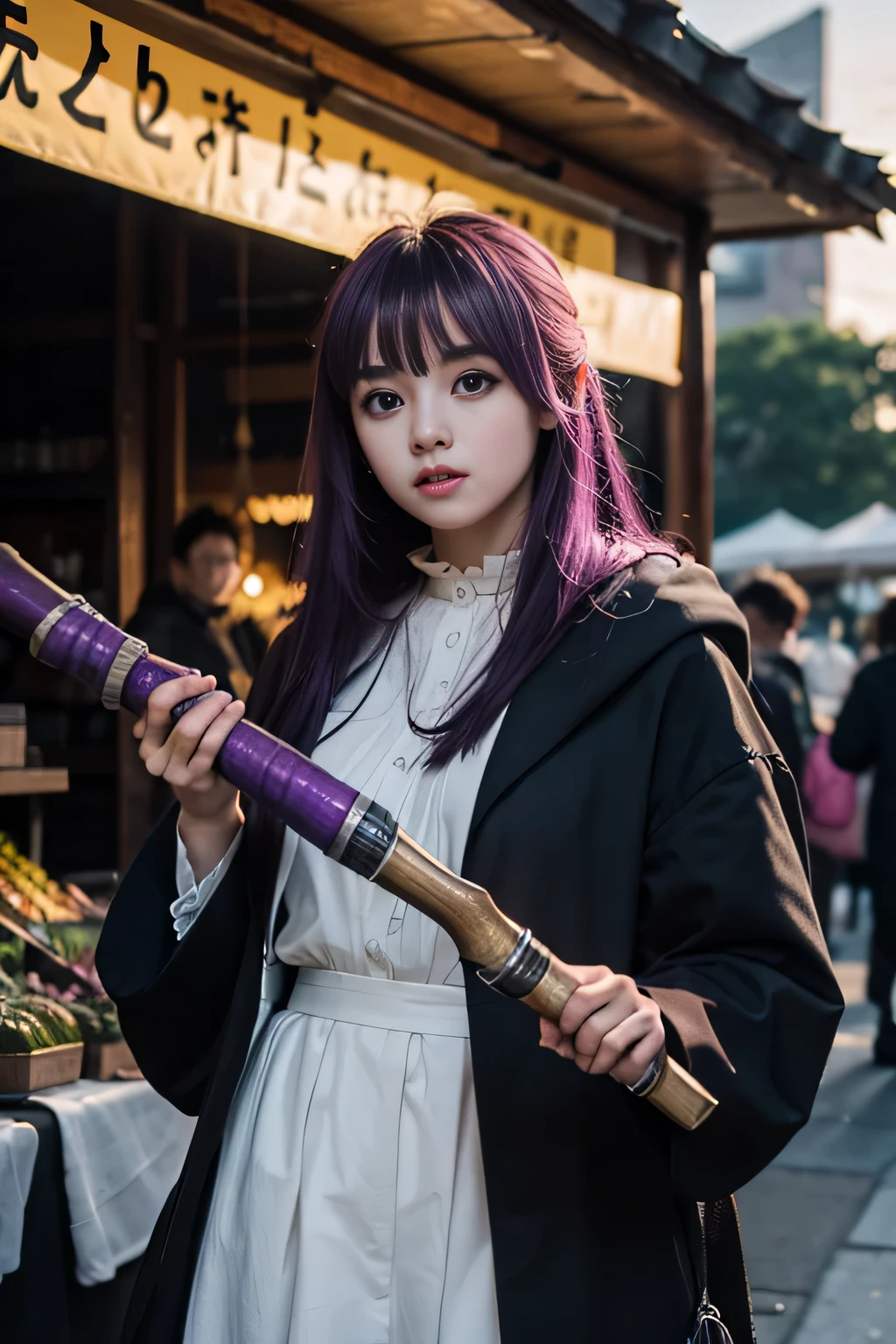 making real life young fern in frieren anime, purple colored hair, purple colored eyes, holding magic wand, in traditional market, golden hour, cinematic look