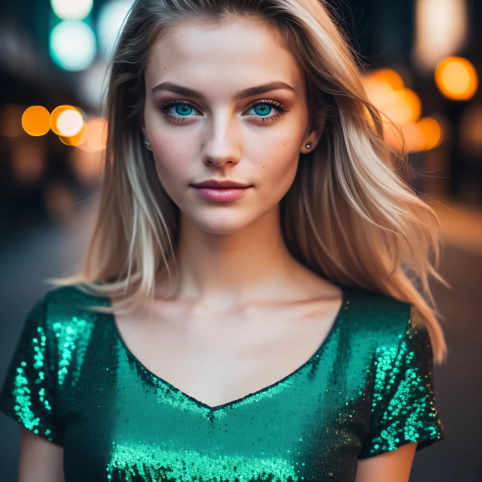 (Portrait), (Right half of the body: 1.4), RAW UHD portrait photo of a 2 blonde (Girl with Green Emerald Eyes), You look about 16, even though you are of legal age, walking in a dark alley, large breasts, wearing a t-shirt with a neckline, city at night, details (fabric !, hair !, sequins, colour !! , drawbacks: 1.1), bright eyes with high level of detail (look into camera), SLR lighting, SLR camera, ultra quality, Sharpness, Depth of field, film grain (centre), Fujifilm XT3, crystalline, centre of frame,sharp focus, street lighting, neon lighting, bokeh (low light), night, (night sky), detailed skin pores, oily skin, sunburn, complex eyes, unique face, shooting, complete face and body like a portrait, Mix with Russian and Italian origins, Wonderful Happy Woman, Light on Face