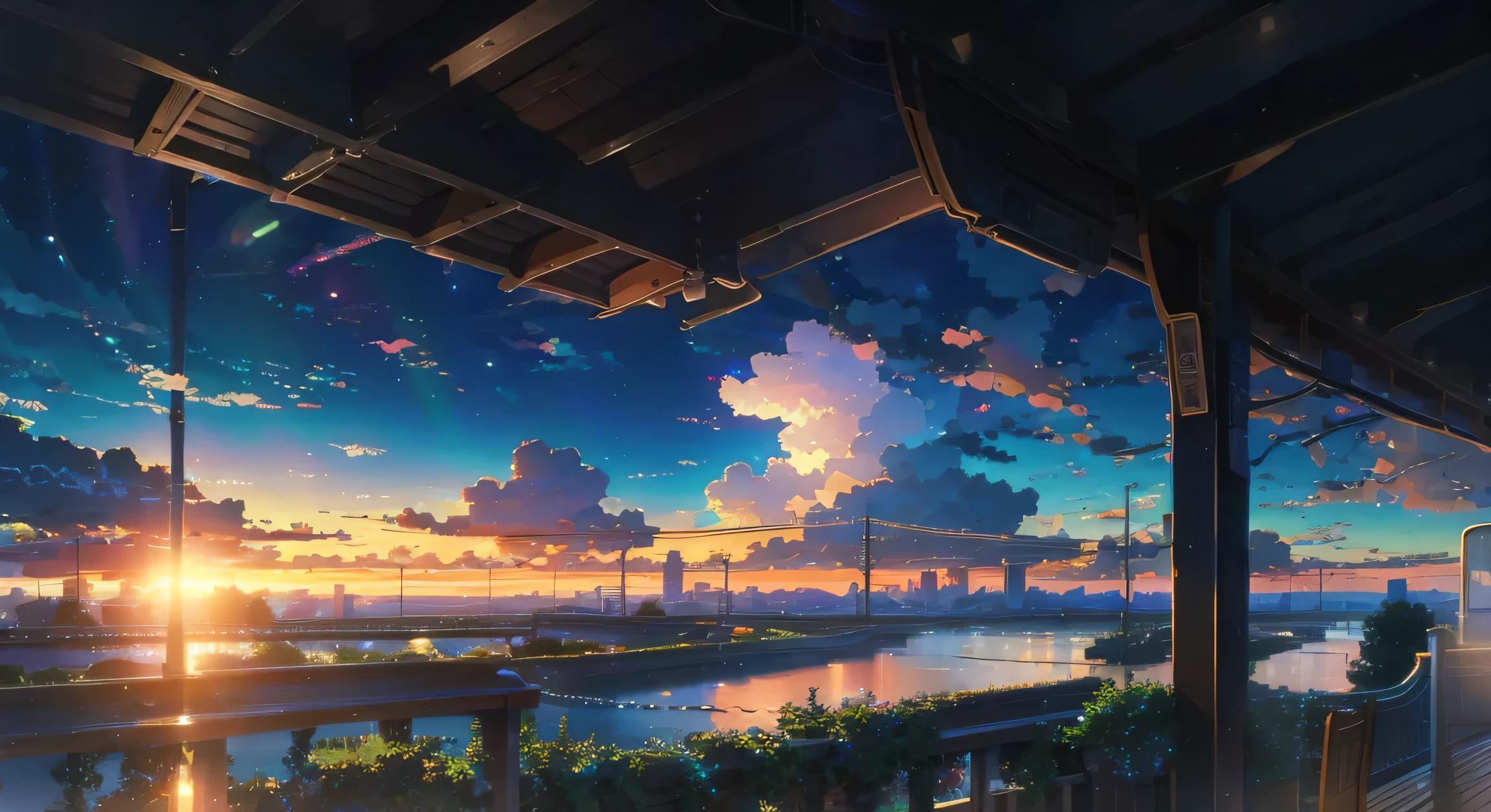 Anime scene with train passing under blue sky, anime drawing by Makoto Shinkai, trending on pixiv, magic realism, beautiful anime scene, cosmic sky. by makoto shinkai, ( ( makoto shinkai ) ), by makoto shinkai, anime background art, makoto shinkai style. Detail enhancement, perfect detail processing, huge clouds