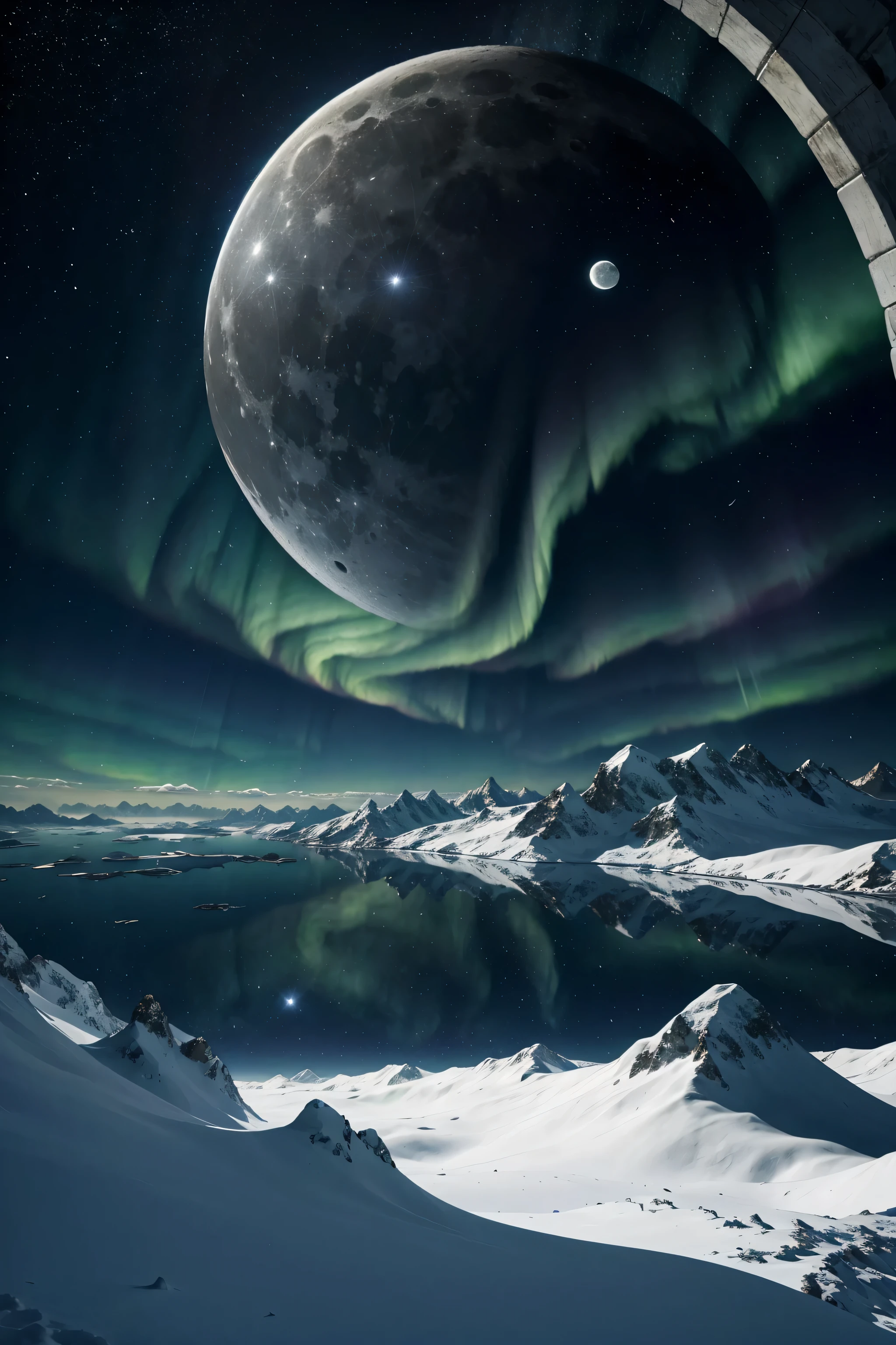 céu，Uma lua cheia no centro，Muitas estrelas brilham，Nuvens brancas cobrem metade da lua，aurora，montanha de neve，Arte digital altamente detalhada em 4K，Cenário de fantasia impressionante，