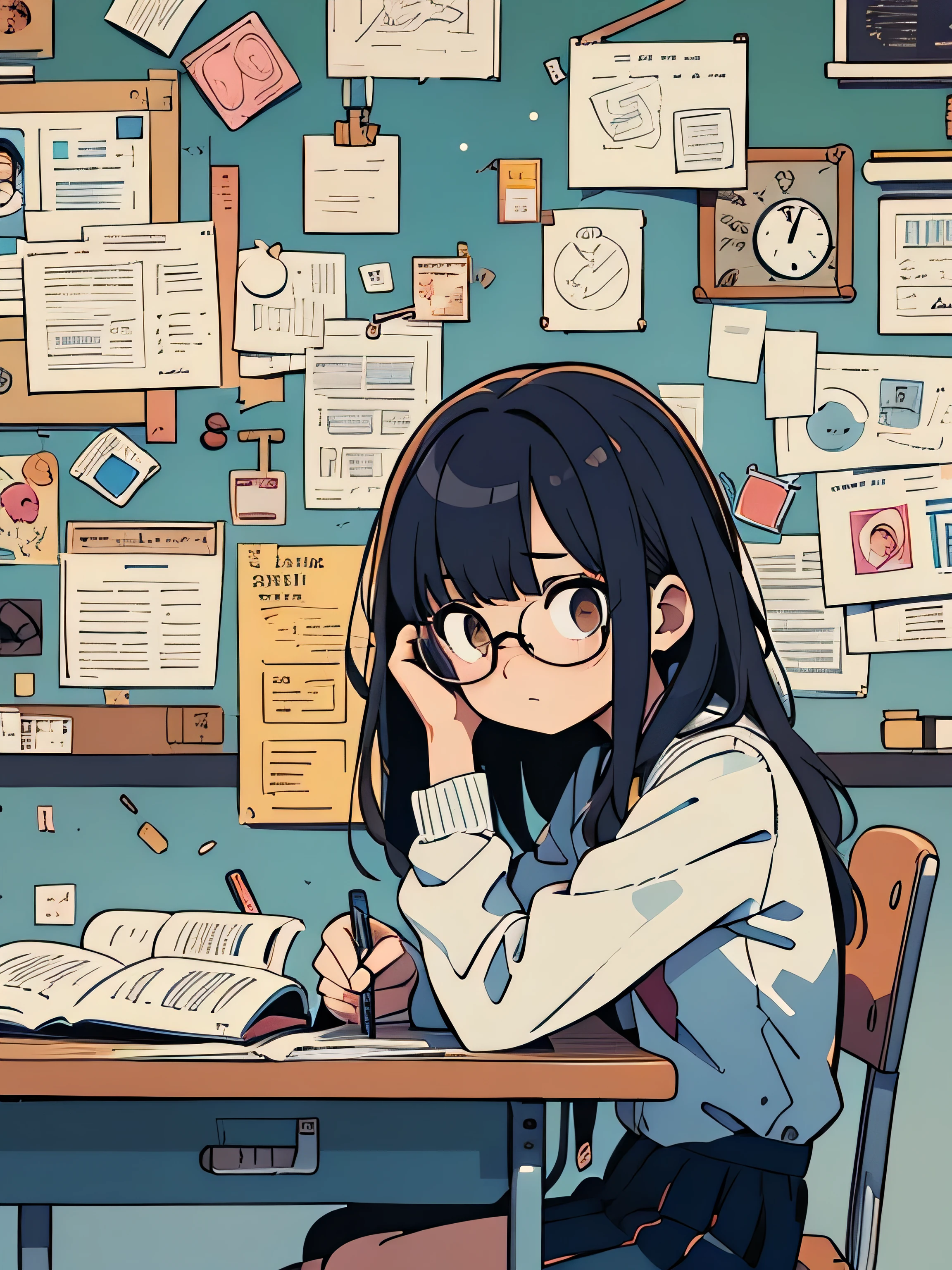 A young girl, a university student, sitting in a classroom during a lecture. She appears bored and disinterested, holding a fountain pen, and wearing glasses. The scene captures a moment of monotony, with the girl dozing off, symbolizing the tedium of the class. Emphasize the details of the glasses, the fountain pen, and the weariness on the student's face. The background should convey the classroom setting. Create a high-quality image that conveys the essence of a disengaged student, highlighting the elements of boredom, drowsiness, and scholarly tools.