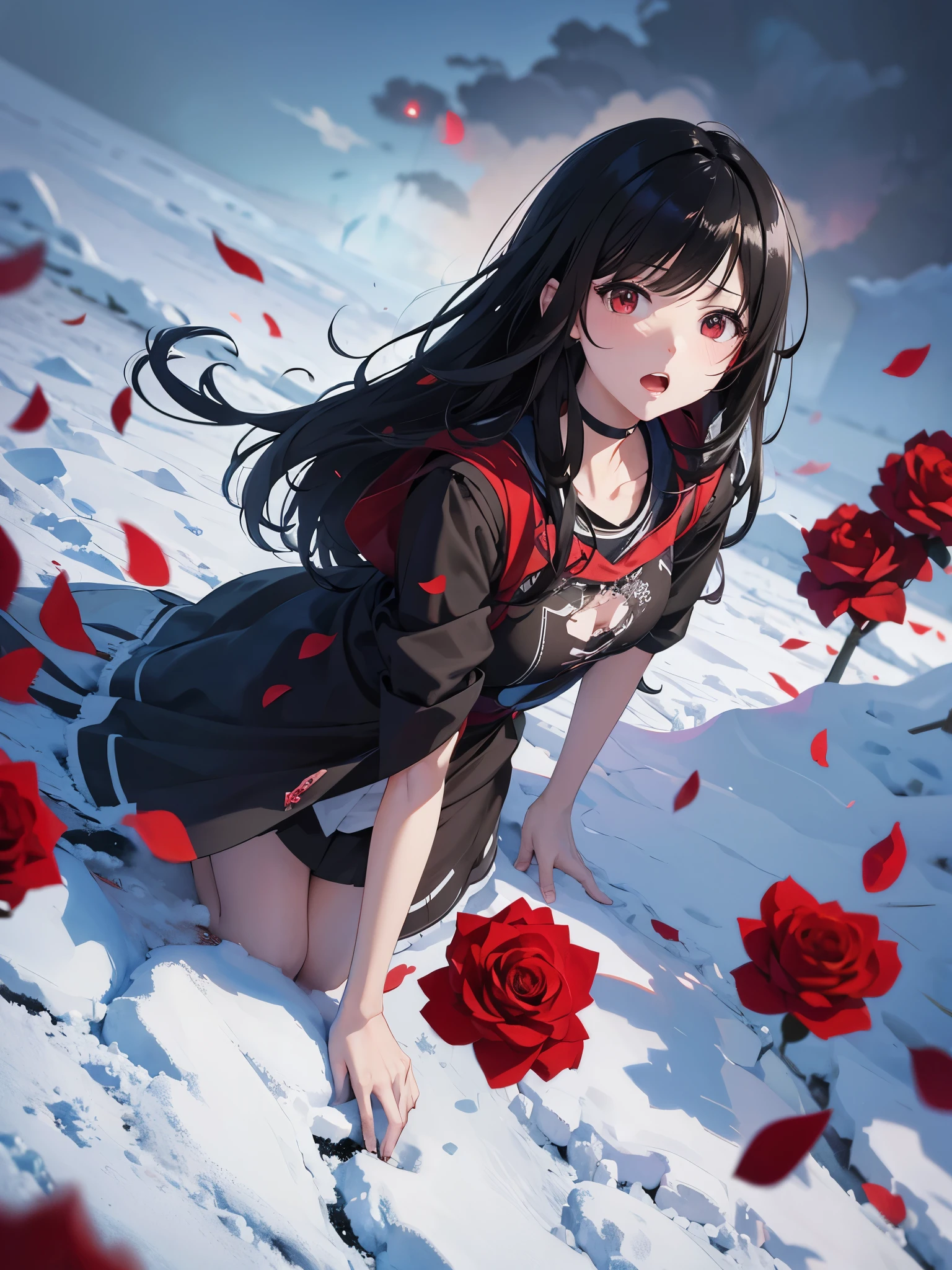 Anime-Illustration、Hohe Auflösung、15 Jahre alt、schwarzes glattes Haar、Pulverschnee、auf dem Boden　Überall blühen rote Rosen、Gruselige Wolken