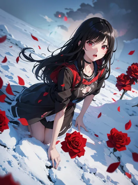 anime illustration、High resolution、15 years old、black straight hair、powder snow、on the ground　Red roses bloom all over、Scary clo...