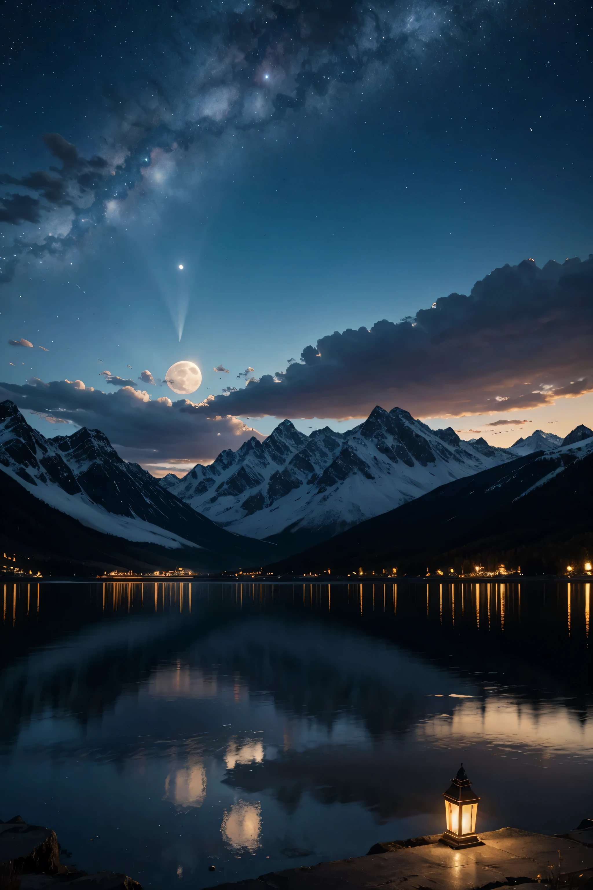 a lua cheia paira no alto do céu，Céu noturno estrelado，Estrelas e montanhas refletidas no lago, Arte digital altamente detalhada em 4k, Arte deslumbrante em 8k, , Ficção científica de fantasia épica,, Cenário de fantasia impressionante,