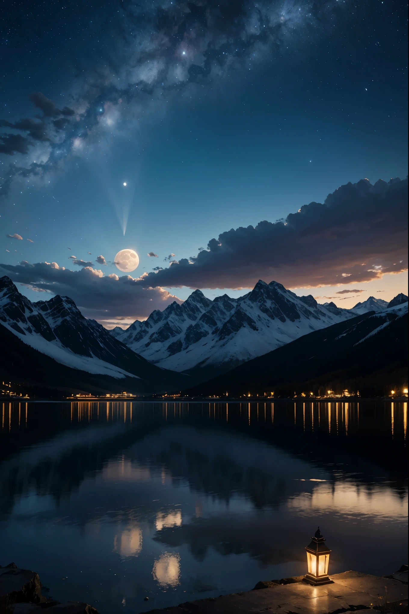 La luna llena cuelga alto en el cielo，cielo nocturno estrellado，Estrellas y montañas reflejadas en el lago., Arte digital 4k muy detallado, Impresionantes obras de arte en 8K, , Fantasía épica y ciencia ficción,, Impresionante paisaje de fantasía,