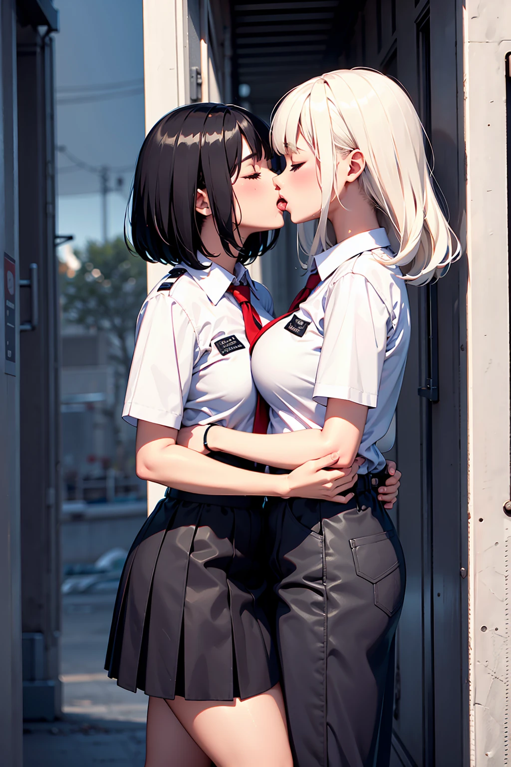 Masterpiece, stunning realistic, best quality, Sharpness, 2 girls,lesbian kissing on a school, large breasts,school uniform, tongue kiss, closed eyes,full body