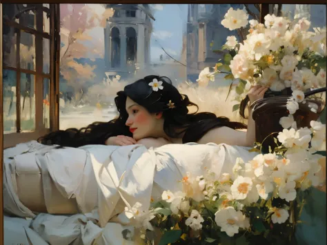 (oil painting:1.5),
\\
a woman with long black hair and white flowers in her hair is laying down in a field of white flowers, (amy sol:0.248), (stanley artgerm lau:0.106), (a detailed painting:0.353), (gothic art:0.106) golden abstract expressionism and th...