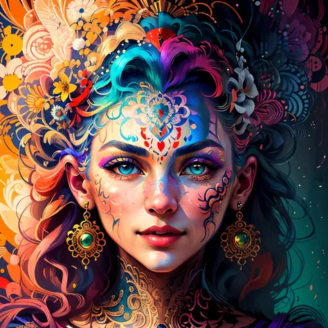 a potrait of beautiful woman face in psychedelic style art.