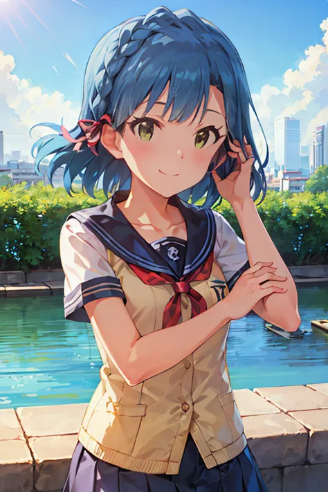 yuriko nanao (million live), (best quality, 8k, masterpiece, ultra detailed:1.2), cinematic angle,
day, dappled sunlight, blue s...