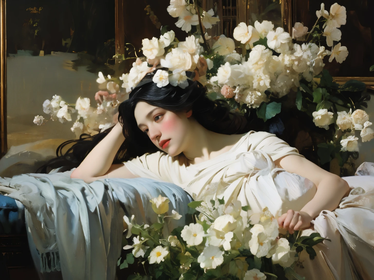 (oil painting:1.5),
\\
a woman with long black hair and white flowers in her hair is laying down in a field of white flowers, (amy sol:0.248), (stanley artgerm lau:0.106), (a detailed painting:0.353), (gothic art:0.106) golden abstract expressionism and the museum of art 