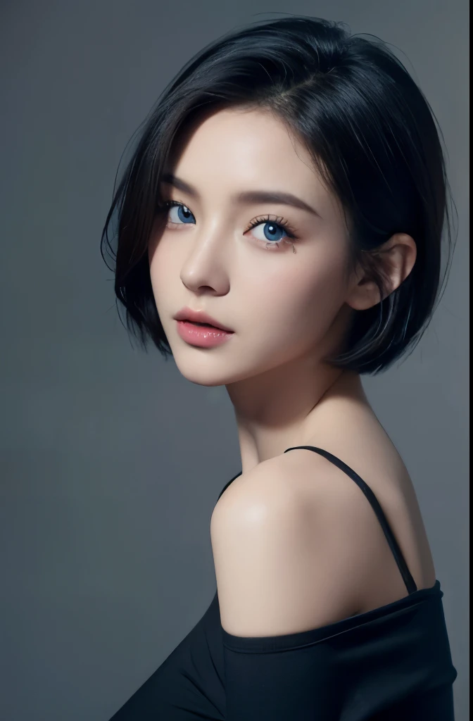 Skin Tight Black Top:1.2、look at viewer、cinematic lighting、perfect、soft light、high resolution skin:1.2、realistic skin texture、realistic face、off shoulder、exposed cleavage、blue eyes、short hair、Gray background