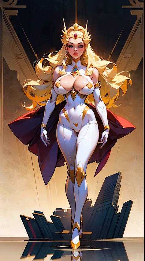 high quaLITY, DEATILED, ((full body view)), futuristic city background, (((masterpiece))),((best quality)),((detailed)),1girl,realistic,(robot_girl,Mecha):1.2,(breasts pressed together), (forehead crown), Ceramic body,Smooth shoulders, golden crown, (full ...