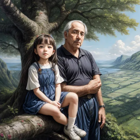 Ghibli style, oil painting, 1girl, daughter sitting on higher tree branch, her father standing on the ground under the tree