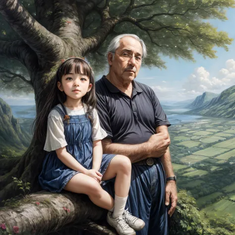 ghibli style, oil painting, 1girl, daughter sitting on higher tree branch, her father standing on the ground under the tree