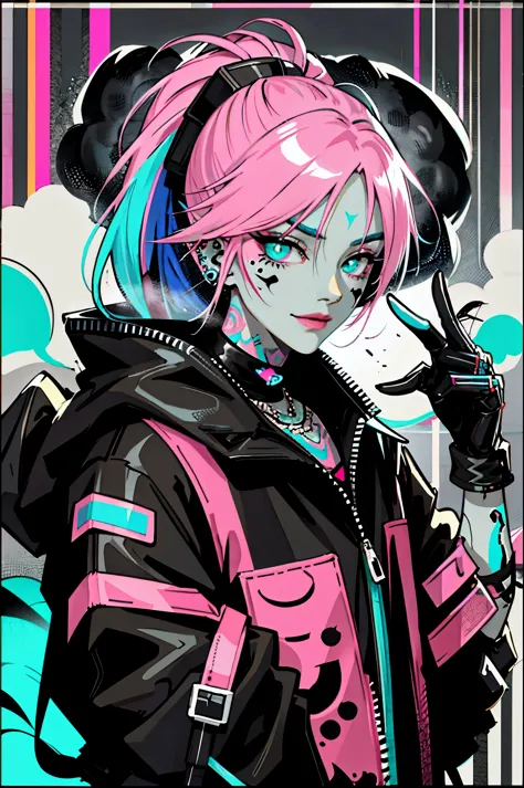kpop girl with rizz smile face, bad ass, black gloves,neon cyan pink hair, tattoos on hands and neck, piercing, black mixed gree...