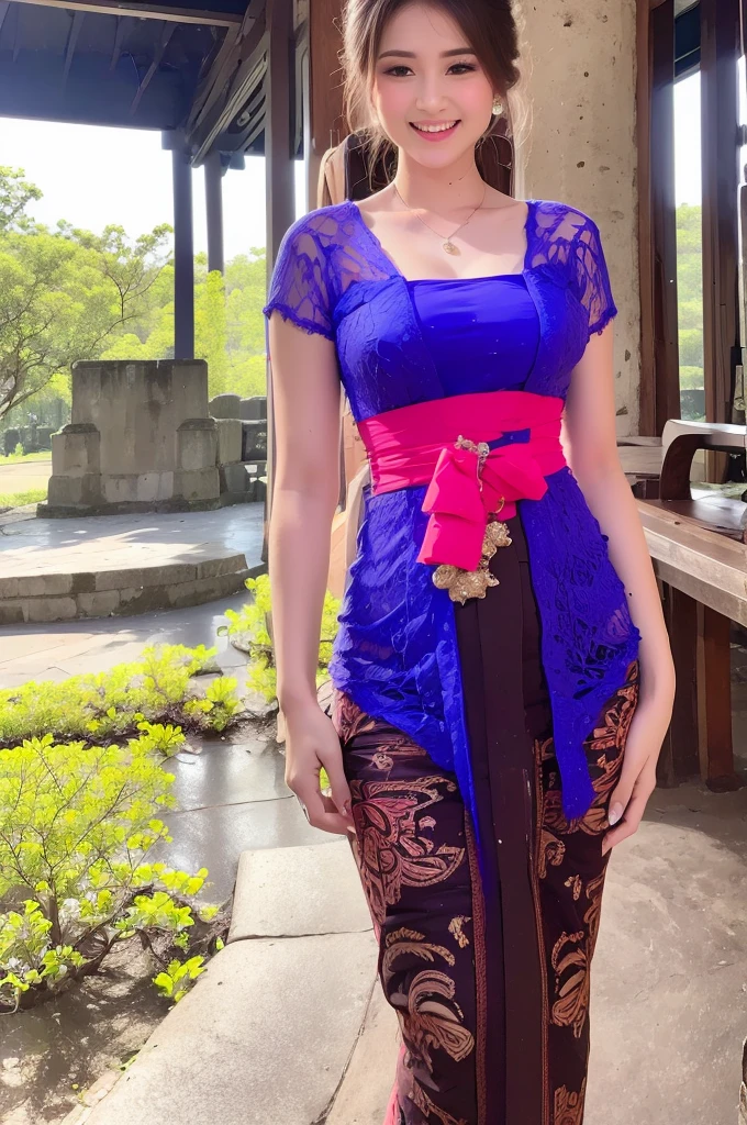 (Best quality, high resolution, Masterpiece: 1.3), a beautiful woman with a slender figure, (dark brown layered hairstyle), wearing a pendant, ((kebaya_bali)) outdoors, scenic beauty, Singaraja-Bali city with a distant background, details in face and skin texture beautifully rendered, details eyes, (best quality, high resolution, masterpiece: 1.3), a beautiful woman with a slim figure, (dark brown layered hairstyle),((kebaya_bali)), outdoors, background random, details in face and skin texture beautifully rendered, detail eyes, double eyelids, seductive laugh, feminine laugh, seductive pose