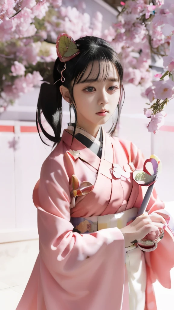 anime girl en kimono outfit holding a sword and a butterfly, Hinata Hyûga, par Jin Homura, visuel animé d&#39;une jolie fille, koyoharu gotouge, elle tient une épée katana, inspiré de Nishikawa Sukenobu, inspiré de Kusumi Morikage, en kimono, mitsumayo