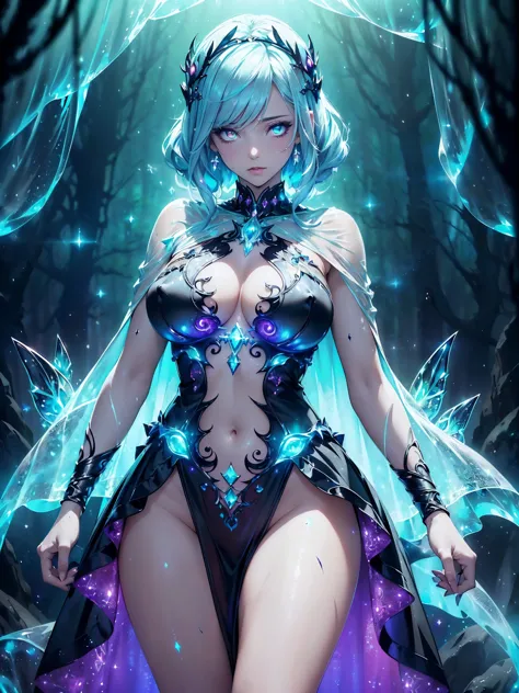 ((Best Quality,4k,8K,hight resolution,Masterpiece:1.2),Ultra-detailed, madness, Magic, beautiful Magic, underboob mini crop top, micro-minidress, visible beautiful slim ass, (crazy sexy multiples clothes), erect nipples. fantasy scenes, (epic), princess, p...