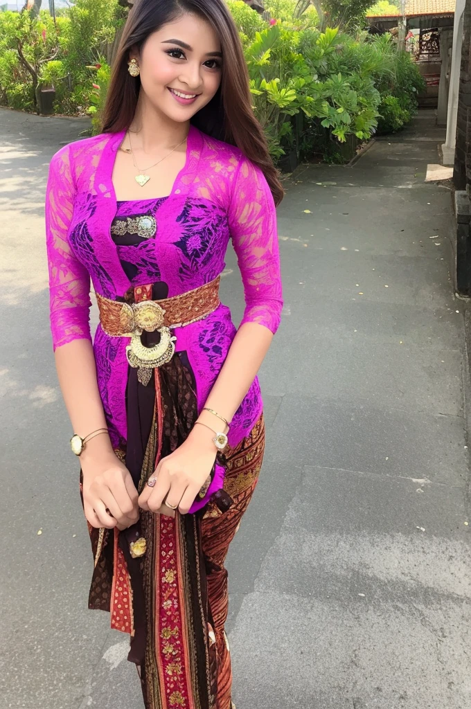 (Best quality, high resolution, Masterpiece: 1.3), a beautiful woman with a slender figure, (dark brown layered hairstyle), wearing a pendant, ((kebaya_bali)) outdoors, scenic beauty, Ambara Raja Lion Statue with a distant background, details in face and skin texture beautifully rendered, details eyes, (best quality, high resolution, masterpiece: 1.3), a beautiful woman with a slim figure, (dark brown layered hairstyle),((kebaya_bali)), outdoors, background random, details in face and skin texture beautifully rendered, detail eyes, double eyelids, seductive laugh, feminine laugh, seductive pose