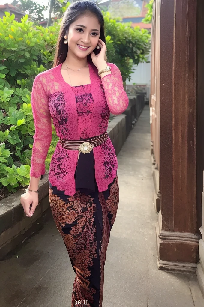 (Best quality, high resolution, Masterpiece: 1.3), a beautiful woman with a slender figure, (dark brown layered hairstyle), wearing a pendant, ((kebaya_bali)) outdoors, scenic beauty, Ambara Raja Lion Statue with a distant background, details in face and skin texture beautifully rendered, details eyes, (best quality, high resolution, masterpiece: 1.3), a beautiful woman with a slim figure, (dark brown layered hairstyle),((kebaya_bali)), outdoors, background random, details in face and skin texture beautifully rendered, detail eyes, double eyelids, seductive laugh, feminine laugh, seductive pose