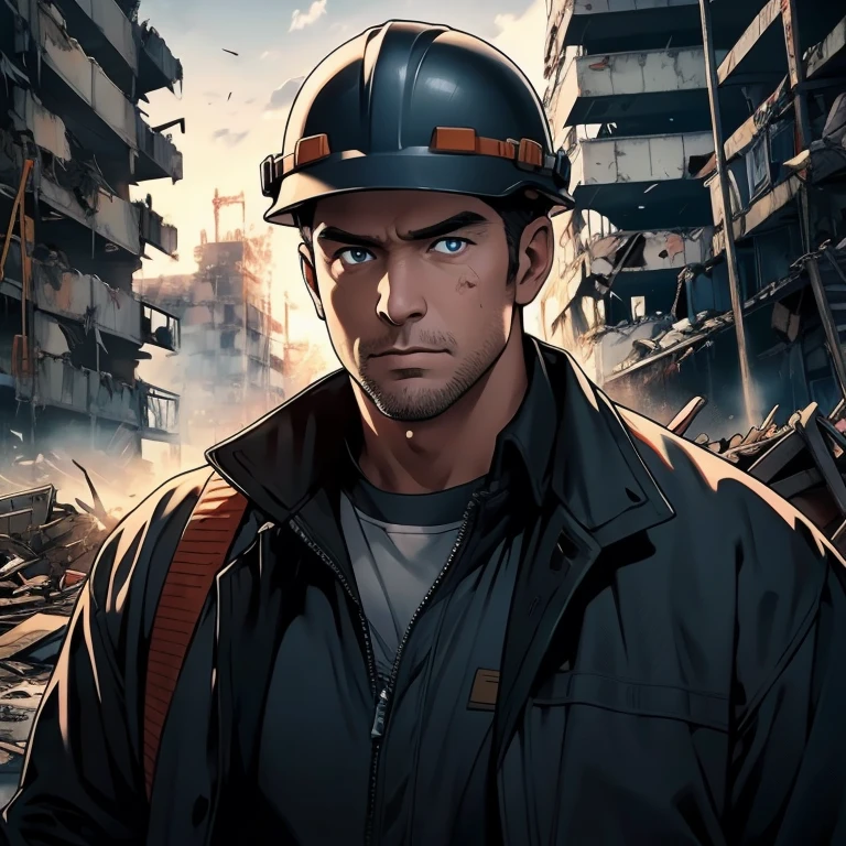 serious eyes, holding crowbar, ultra realistic capture, high definition, high resolution 16K close-up of human skin. Skin should be healthy and even in tone. Natural light and color should be used. 、in front of heavy machinery, Japanese, in his 50s, (building demolition site: 1.3), uncle, black GI cut, construction worker, ((construction safety helmet:1.1)), (dirty work clothes:1.1), stubble, rugger man build,