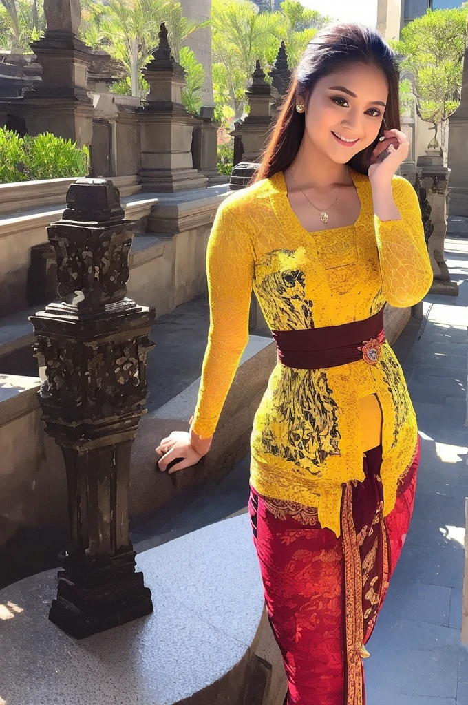 (Best quality, high resolution, Masterpiece: 1.3), a beautiful woman with a slender figure, (dark brown layered hairstyle), wearing a pendant, ((kebaya_bali)) outdoors, scenic beauty, Ambara Raja Lion Statue with a distant background, details in face and skin texture beautifully rendered, details eyes, (best quality, high resolution, masterpiece: 1.3), a beautiful woman with a slim figure, (dark brown layered hairstyle),((kebaya_bali)), outdoors, background random, details in face and skin texture beautifully rendered, detail eyes, double eyelids, seductive laugh, feminine laugh, seductive pose