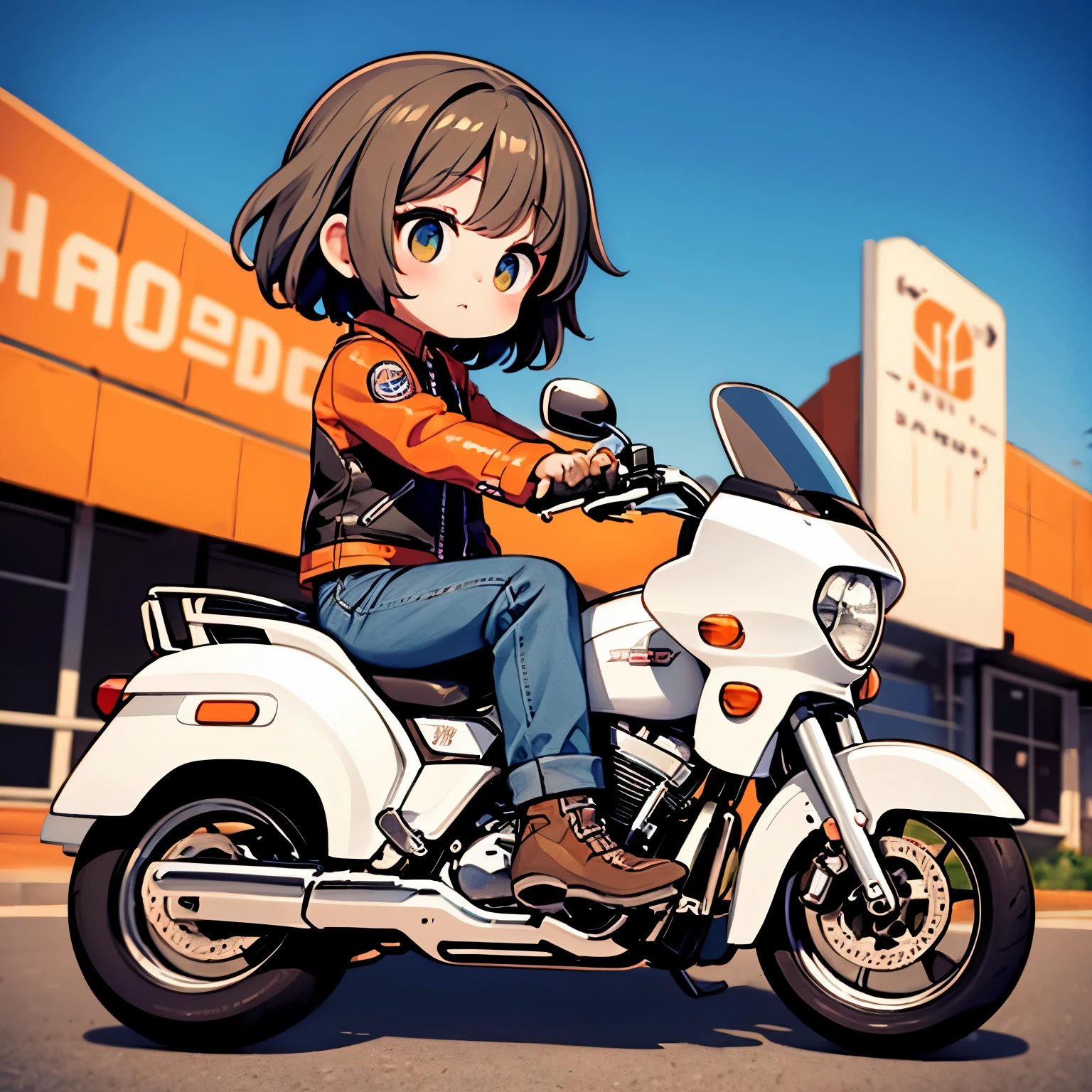 chef d&#39;oeuvre、Une jolie fille chevauchant une Harley-Davidson Road Glide™ Limited、route 66 en tournée、Contexte détaillé、chibi