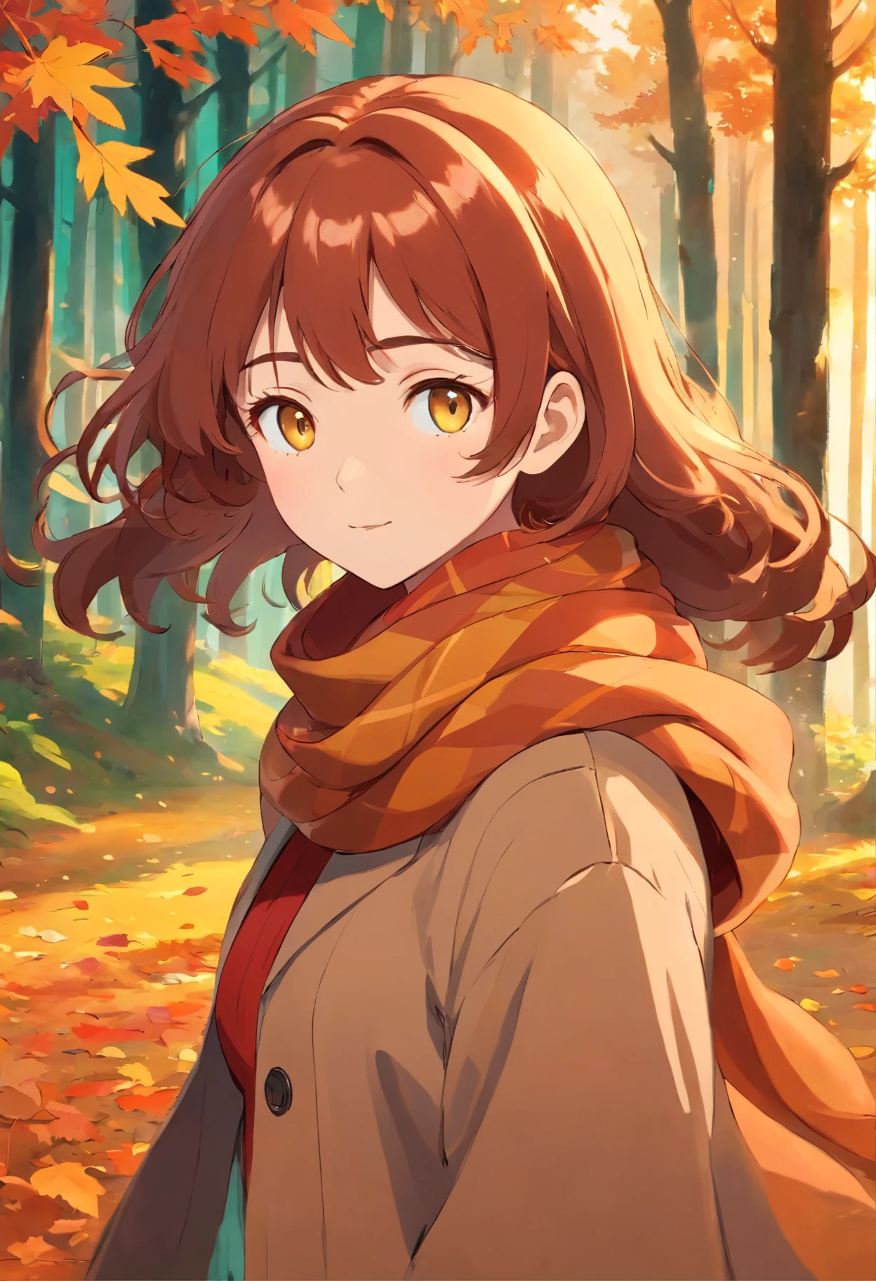 1girl, vibrant autumn leaves swirling, auburn hair, golden eyes reflecting sunset hues, cozy woolen scarf, warm earthy tones, nestled by a forest edge, gentle breeze, masterpiece, best quality,, official art, Professional, unity 8k wallpaper