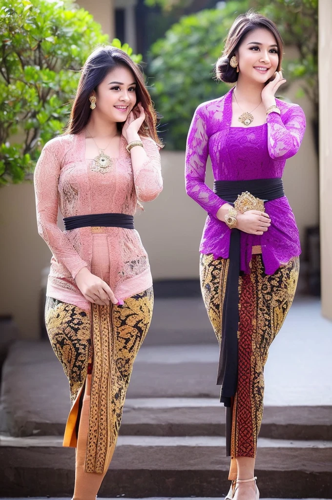 photography, woman,  portrait of woman wearing kebaya_bali in black long kebaya dress traditional, red lipstick, golden necklace, earrings, ornate, detail, flowers, blurry background, soft focus,((Full Body)),(cute face:1.5), (huge breasts:1.1),high-heels, ((big hips)), medium thighs,((dimple)),
