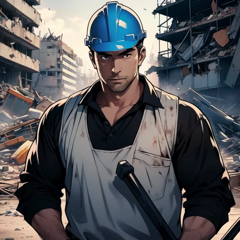 Looking at viewer, black eyes, figure holding a large hammer, ultra realistic capture, high definition, high resolution 16K human skin close-ups. Skin should be healthy and even in tone. Natural light and colors shall be used. In front of heavy equipment, Japanese, 50s, (building demolition site: 1.3), uncle, black GI cut, construction worker, ((construction safety helmet: 1.1)), (dirty work clothes: 1.1)), stubble, rugger man body type,