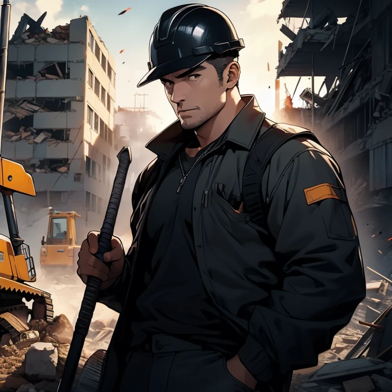 Looking at viewer, black eyes, figure holding a large hammer, ultra realistic capture, high definition, high resolution 16K human skin close-ups. Skin should be healthy and even in tone. Natural light and colors shall be used. In front of heavy equipment, Japanese, 50s, (building demolition site: 1.3), uncle, black GI cut, construction worker, ((construction safety helmet: 1.1)), (dirty work clothes: 1.1)), stubble, rugger man body type,