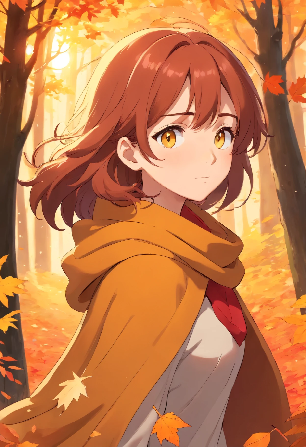 1girl, vibrant autumn leaves swirling, auburn hair, golden eyes reflecting sunset hues, cozy woolen scarf, warm earthy tones, nestled by a forest edge, gentle breeze, masterpiece, best quality,, official art, Professional, unity 8k wallpaper