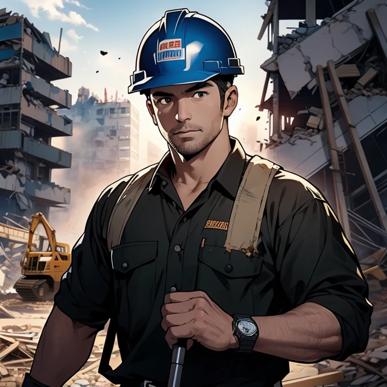 Looking at viewer, black eyes, figure holding a large hammer, ultra realistic capture, high definition, high resolution 16K human skin close-ups. Skin should be healthy and even in tone. Natural light and colors shall be used. In front of heavy equipment, Japanese, 50s, (building demolition site: 1.3), uncle, black GI cut, construction worker, ((construction safety helmet: 1.1)), (dirty work clothes: 1.1)), stubble, rugger man body type,
