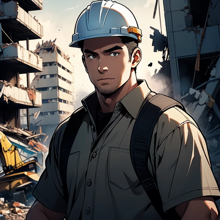 Looking at viewer, black eyes, figure holding a large hammer, ultra realistic capture, high definition, high resolution 16K human skin close-ups. Skin should be healthy and even in tone. Natural light and colors shall be used. In front of heavy equipment, Japanese, 50s, (building demolition site: 1.3), uncle, black GI cut, construction worker, ((construction safety helmet: 1.1)), (dirty work clothes: 1.1)), stubble, rugger man body type,